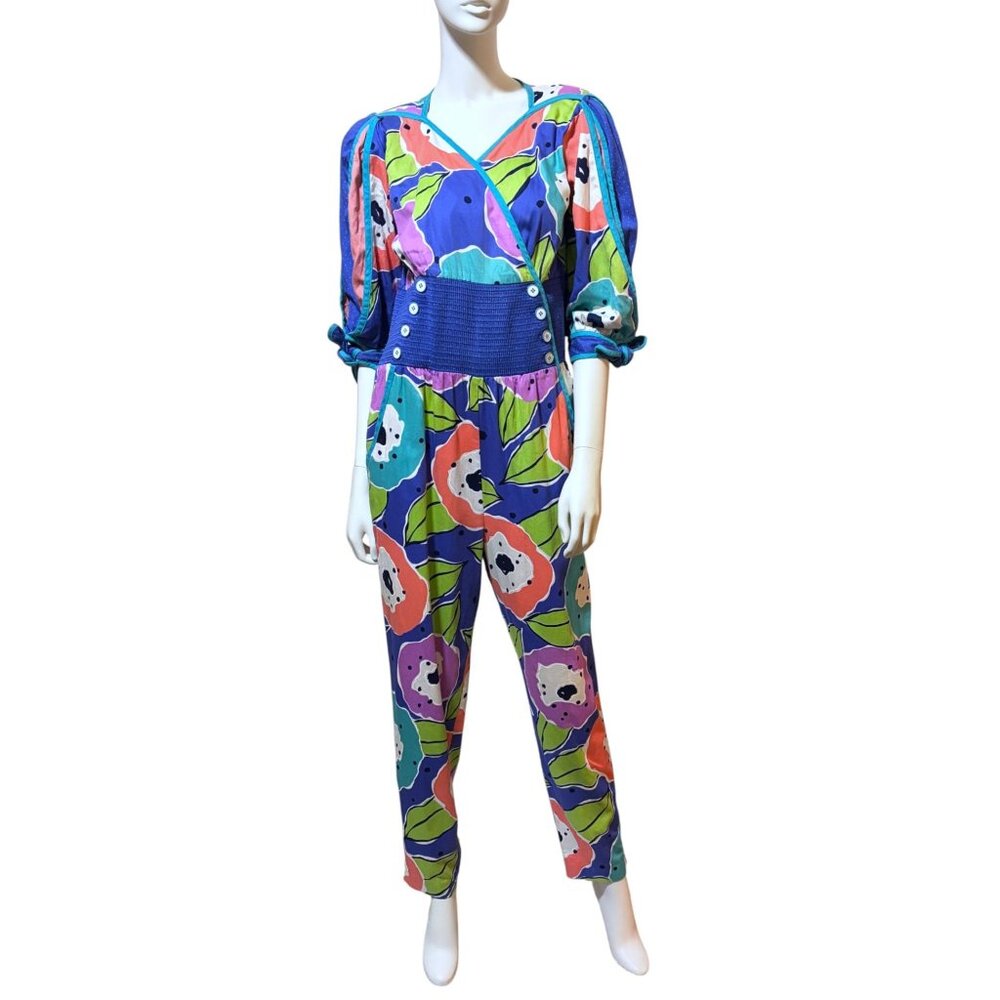 Vintage Jeanne Marc Jumpsuit 10 Color Block Wrap Puff Sleeve Art Romantic RARE